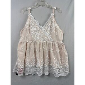 Romwe Lace Babydoll Camisole Women 3XL Beige White New Floral Bows V-Neck Top